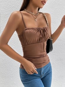 SHEIN PETITE Áo hai dây Thắt nơ trước Nếp gấp Phần Ngực màu trơn Giải trí - Cà phê nâu - Xem 3