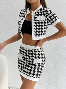 SHEIN PETITE 千鳥格印花翻蓋細節短夾克和包臀半身裙 - 黑與白 - 查看 3