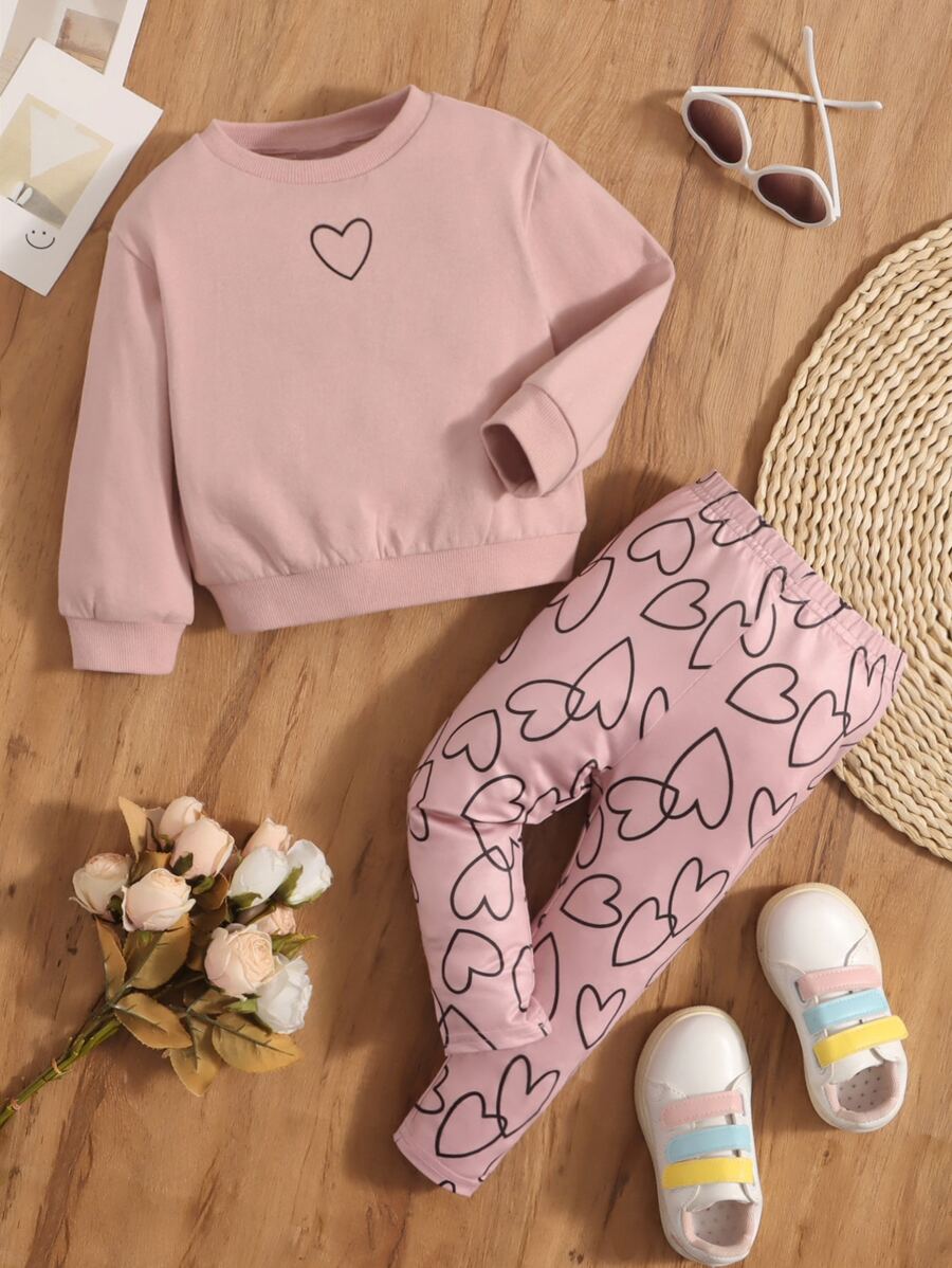 SHEIN 嬰兒女孩2件套圓領長袖套頭上衣和心形印花彈性腰帶褲,適合春秋季 - 藕粉色 - 查看 1
