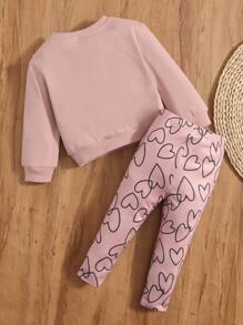 SHEIN 嬰兒女孩2件套圓領長袖套頭上衣和心形印花彈性腰帶褲,適合春秋季 - 藕粉色 - 查看 2