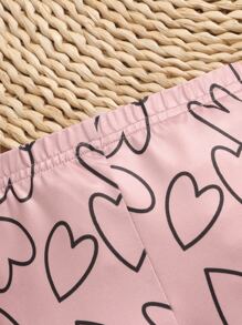 SHEIN 嬰兒女孩2件套圓領長袖套頭上衣和心形印花彈性腰帶褲,適合春秋季 - 藕粉色 - 查看 3
