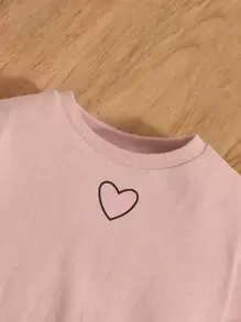 SHEIN 嬰兒女孩2件套圓領長袖套頭上衣和心形印花彈性腰帶褲,適合春秋季 - 藕粉色 - 查看 4