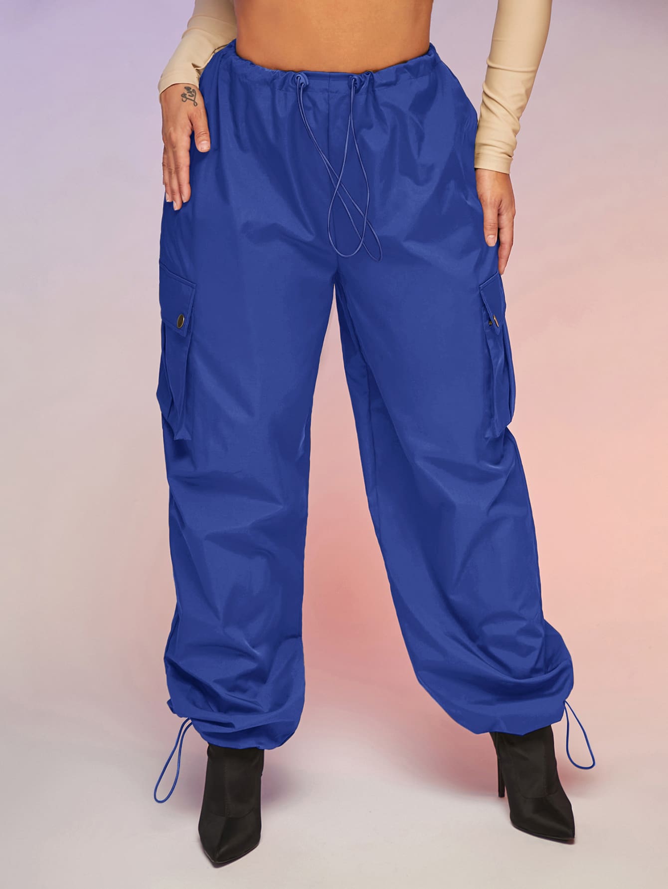 SHEIN SXY Flap Pocket Drawstring Waist Parachute Cargo Trousers - Blue - View 1