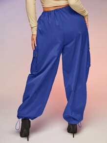 SHEIN SXY Flap Pocket Drawstring Waist Parachute Cargo Trousers - Blue - View 2