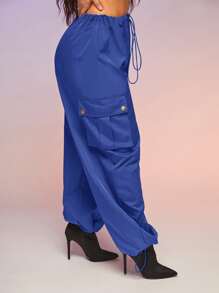 SHEIN SXY Flap Pocket Drawstring Waist Parachute Cargo Trousers - Blue - View 3