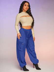 SHEIN SXY Flap Pocket Drawstring Waist Parachute Cargo Trousers - Blue - View 4