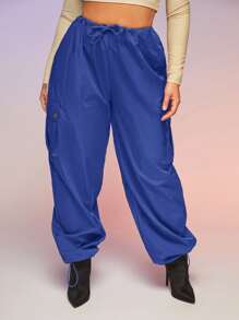 SHEIN SXY Flap Pocket Drawstring Waist Parachute Cargo Trousers - Blue - View 5