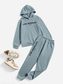 SHEIN 男孩字母圖案保暖連帽衫和運動褲 - 霧霾藍 - 查看 1