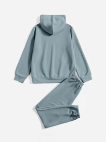 SHEIN 男孩字母圖案保暖連帽衫和運動褲 - 霧霾藍 - 查看 2