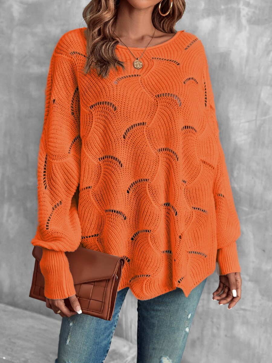 EMERY ROSE Lantern Sleeve Pointelle Knit Jumper - Orange - View 1