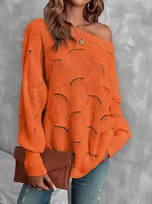 EMERY ROSE Lantern Sleeve Pointelle Knit Jumper - Orange - View 3