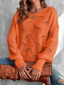 EMERY ROSE Lantern Sleeve Pointelle Knit Jumper - Orange - View 4