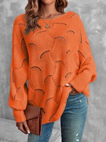 EMERY ROSE Lantern Sleeve Pointelle Knit Jumper - Orange - View 5