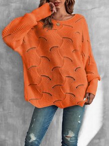 EMERY ROSE Lantern Sleeve Pointelle Knit Jumper - Orange - View 6