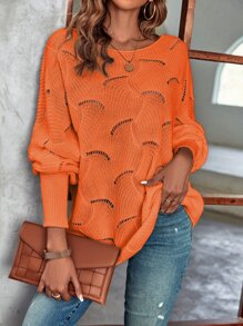 EMERY ROSE Lantern Sleeve Pointelle Knit Jumper - Orange - View 7