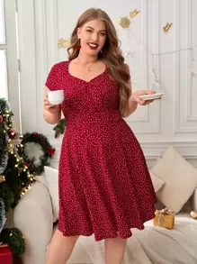 SHEIN Unity 大碼波卡圓點雞心領口連衣裙 - 紅色 - 查看 1