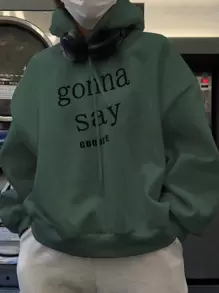 DAZY Capucha térmica con estampado de letra de hombros caídos con cordón - Verde Oscuro - Ver 1