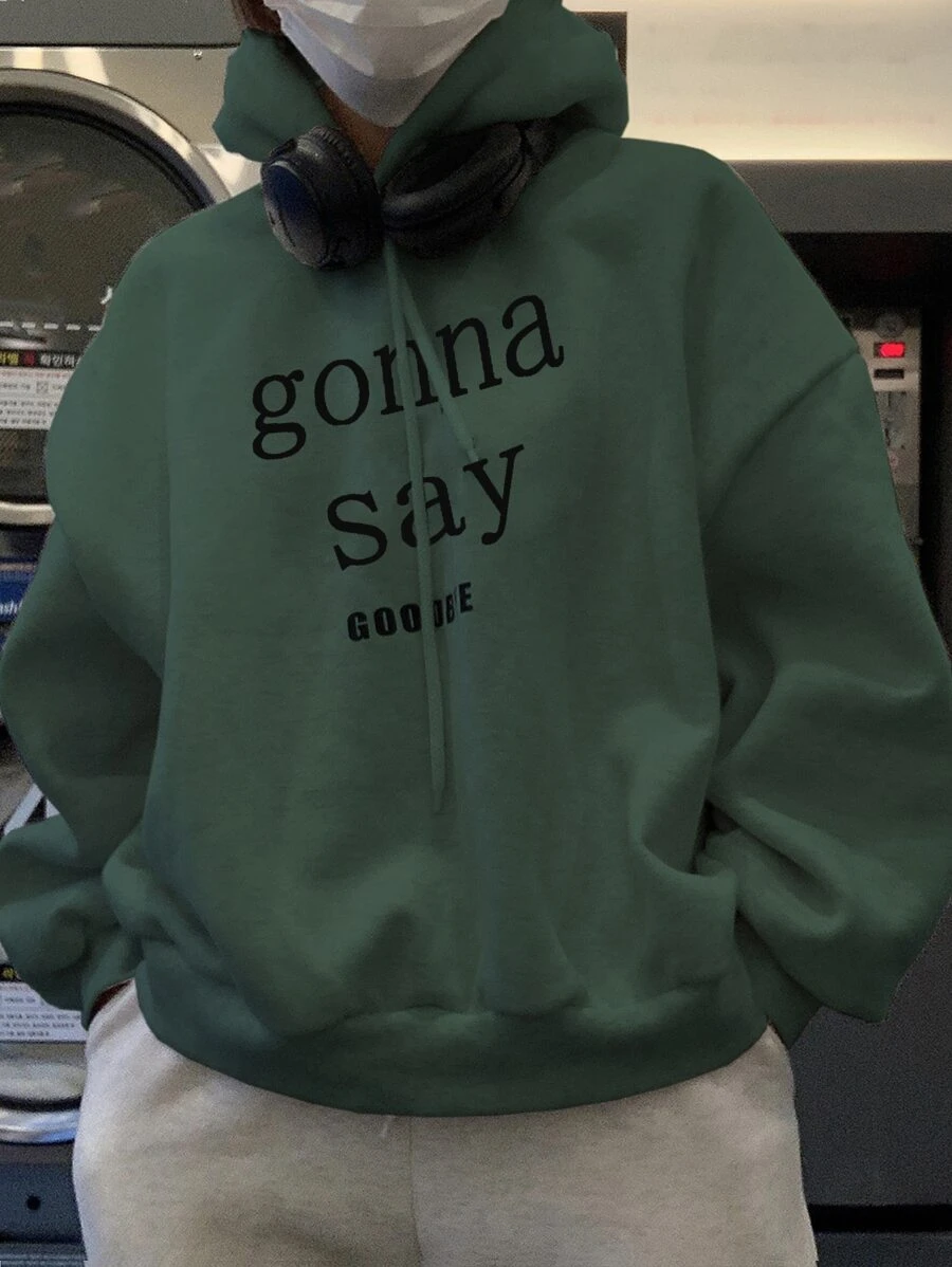 DAZY Capucha térmica con estampado de letra de hombros caídos con cordón - Verde Oscuro - Ver 1