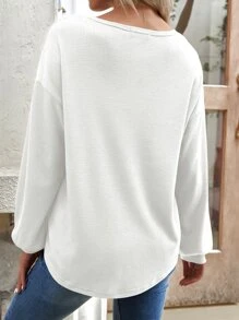 SHEIN LUNE Waffle Knit Drop Sleeve Curved Hem Tee - White - View 2