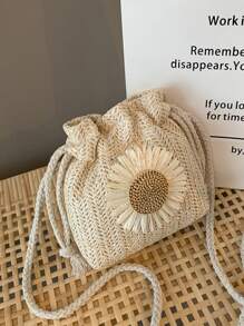 Girls Floral Graphic Drawstring Straw Bag - Beige - View 1