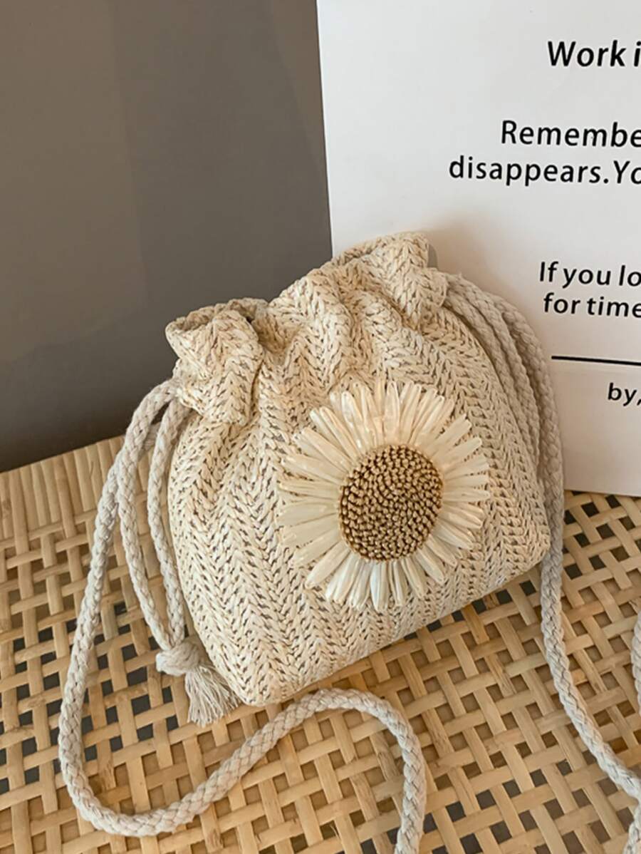 Girls Floral Graphic Drawstring Straw Bag - Beige - View 1