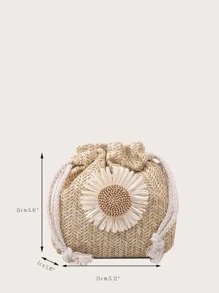 Girls Floral Graphic Drawstring Straw Bag - Beige - View 3