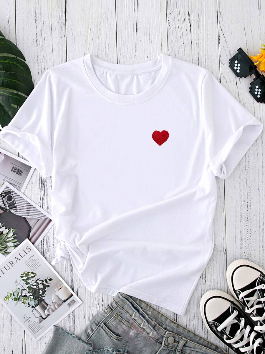 SHEIN Unity Heart Patched T-Shirt Graphic Tees Women Tops - White - View 1