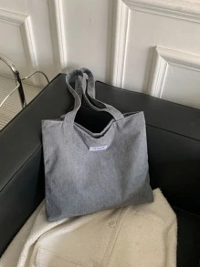 1 pieza Bolso de hombro tipo tote con estampado de letras de pana, adecuado para ir al trabajo, bolso escolar literario y para libros para mujeres o estudiantes, perfecto para libros, compra - Gris - Ver 4