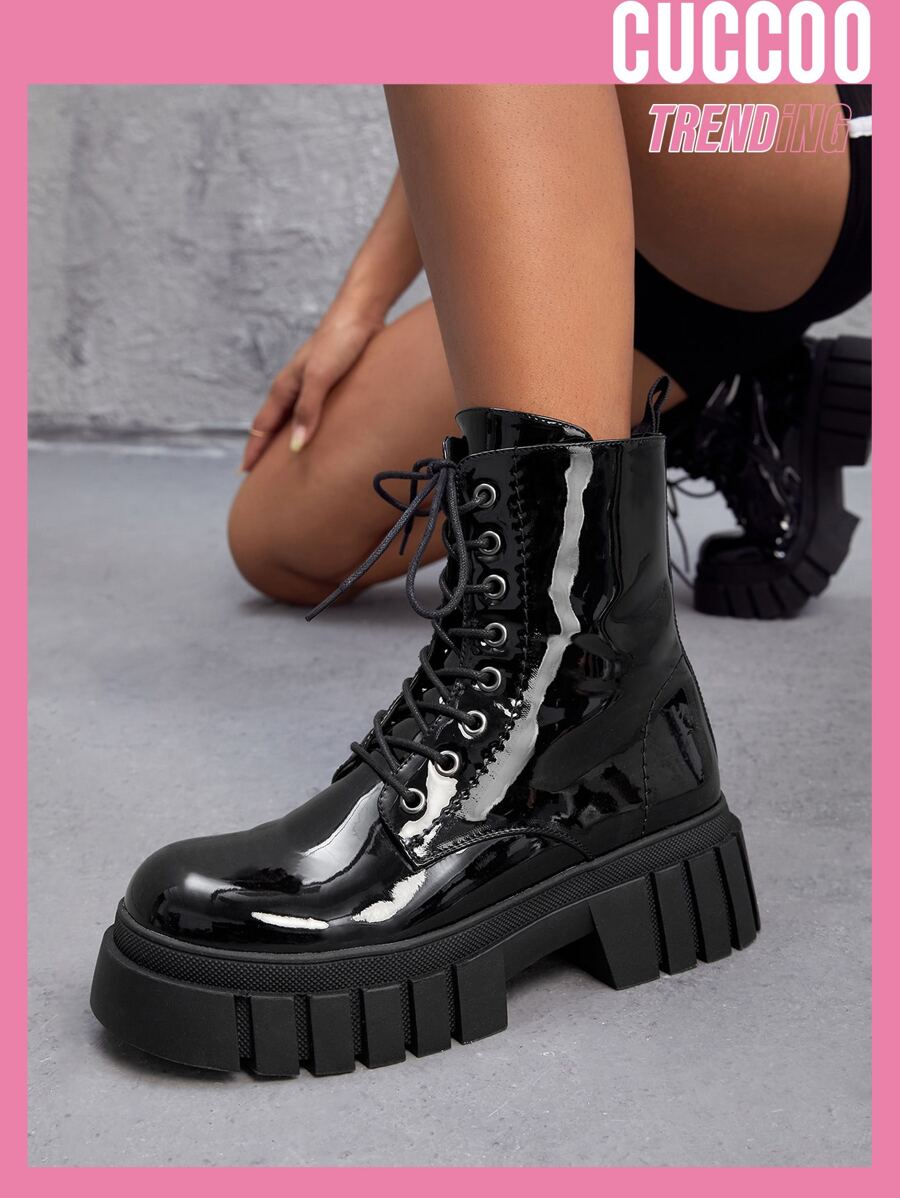 Lace-up Front Combat Boots - Black - View 1