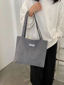 1 pieza Bolso de hombro tipo tote con estampado de letras de pana, adecuado para ir al trabajo, bolso escolar literario y para libros para mujeres o estudiantes, perfecto para libros, compra - Gris - Ver 5