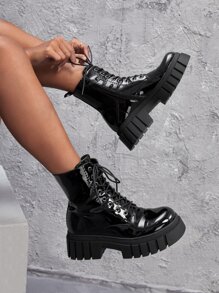 Lace-up Front Combat Boots - Black - View 6
