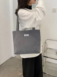 1 pieza Bolso de hombro tipo tote con estampado de letras de pana, adecuado para ir al trabajo, bolso escolar literario y para libros para mujeres o estudiantes, perfecto para libros, compra - Gris - Ver 6