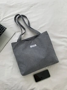 1 pieza Bolso de hombro tipo tote con estampado de letras de pana, adecuado para ir al trabajo, bolso escolar literario y para libros para mujeres o estudiantes, perfecto para libros, compra - Gris - Ver 7