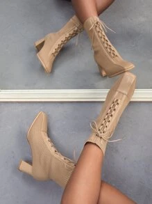 CUCCOO SZL Square Toe Lace-up Front Chunky Heeled Sock Boots - Apricot - View 1