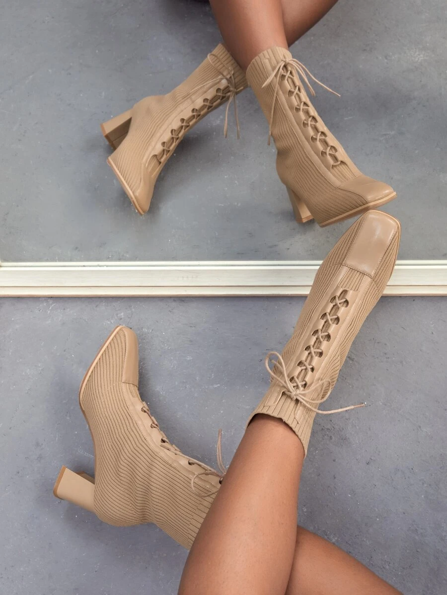 CUCCOO SZL Square Toe Lace-up Front Chunky Heeled Sock Boots - Apricot - View 1