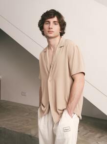 SHEIN X MOHA Manfinity Homme Áo sơ mi Nam Nút màu trơn Giải trí - Màu be - Xem 4