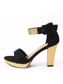 Spring/Summer Women's High Heel Shoes With Contrasting Color Block Design, Comfortable And Versatile, Gold And Black Color, Round Toe, Forefoot Platform, Multi-Strap Ankle, Rear Zipper, Thick Heel, Suitable For Banquet, Party, Date, Vacation, Fashion And Elegant - Black - View 4
