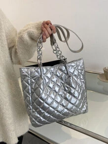 Metallic Quilted Shoulder Tote Bag - Silver - View 1