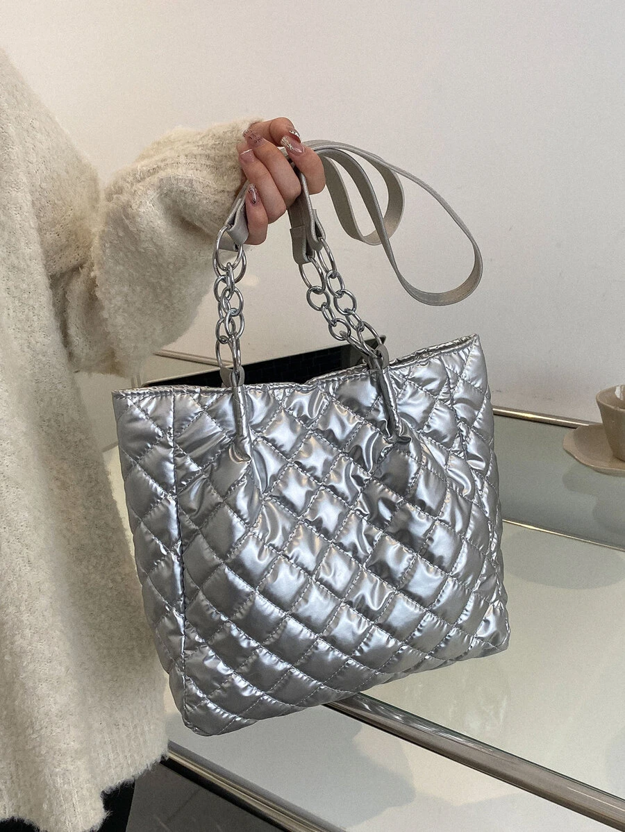 Metallic Quilted Shoulder Tote Bag - Silver - View 1