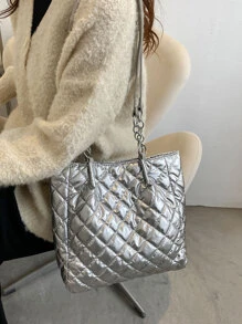 Metallic Quilted Shoulder Tote Bag - Silver - View 2