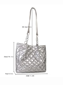 Metallic Quilted Shoulder Tote Bag - Silver - View 3