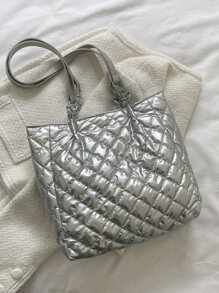 Metallic Quilted Shoulder Tote Bag - Silver - View 5