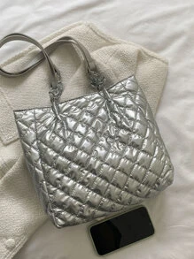 Metallic Quilted Shoulder Tote Bag - Silver - View 6