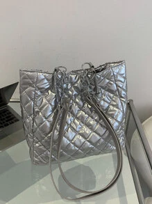 Metallic Quilted Shoulder Tote Bag - Silver - View 7
