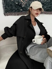 DAZY Raglan Sleeve Double Breasted Trench Coat,Fall Clothes Women Jacket - Black - View 5