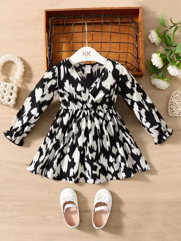 SHEIN Baby Girl Full Printed Dress With Overlap Collar, Comfortable
