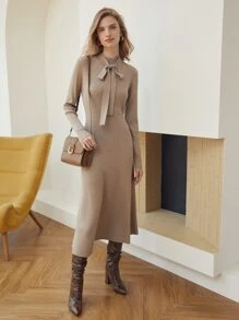 MOTF PREMIUM 羊毛混紡繫帶領毛衣裙 - 摩卡棕 - 查看 7