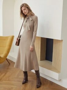 MOTF PREMIUM 羊毛混紡繫帶領毛衣裙 - 摩卡棕 - 查看 8