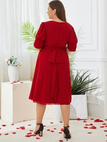 Plus Puff Sleeve Split Thigh Dress - Burgundy - View 2