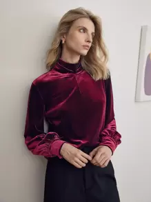 MOTF PREMIUM 絲絨小高領襯衫 - 酒紅色 - 查看 6